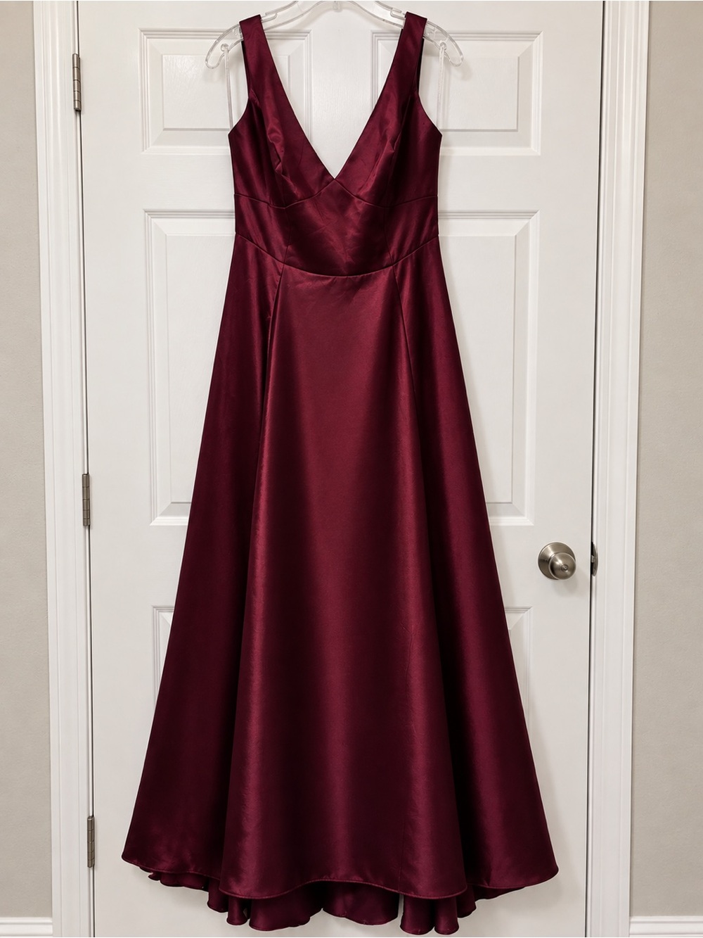 Signature Wine Satin V-Neck A-Line Prom Dress